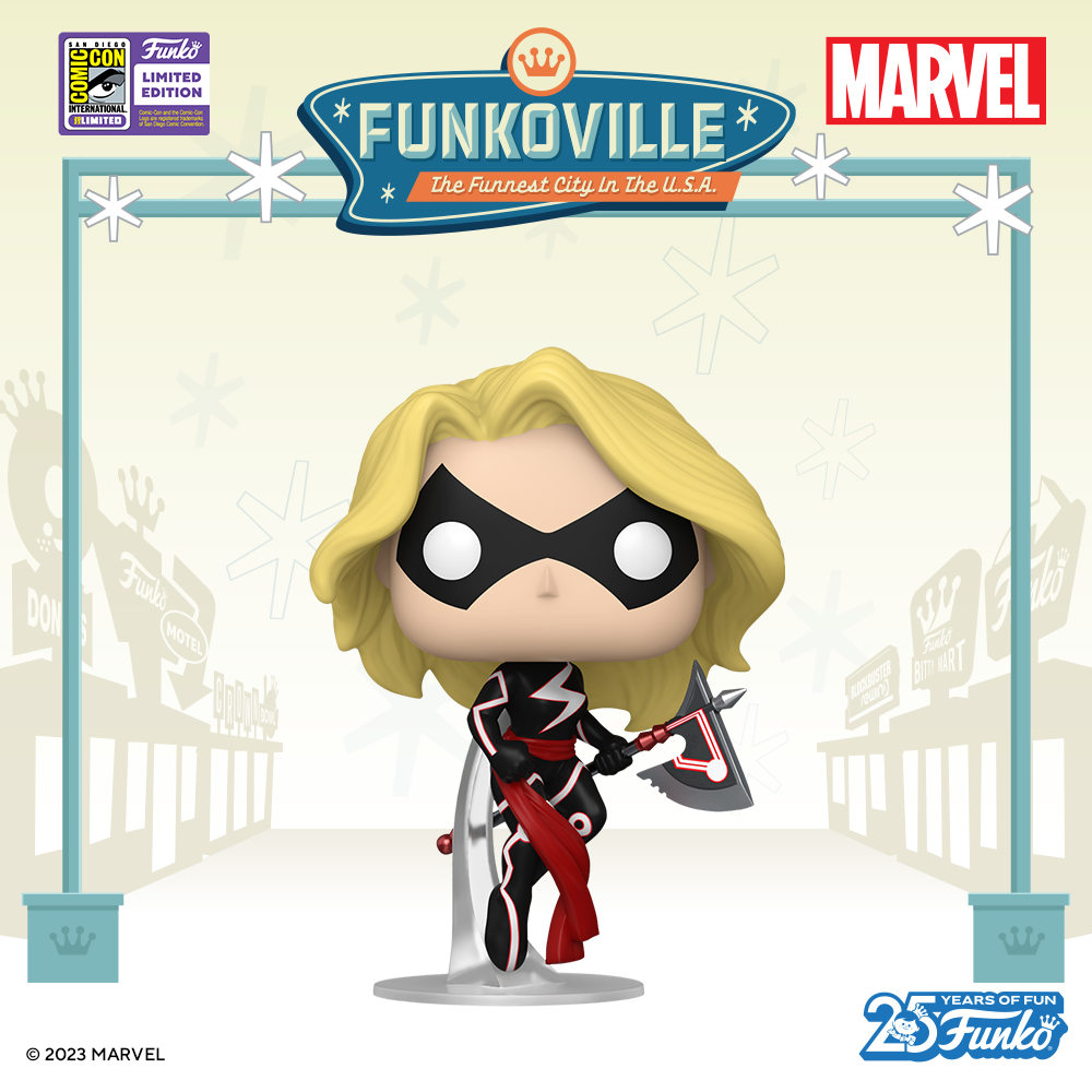 Collect cosmic hero, Carol Danvers, as the 2023 San Diego Comic-Con exclusive Pop! Captain Marvel in her red, white, and black suit.